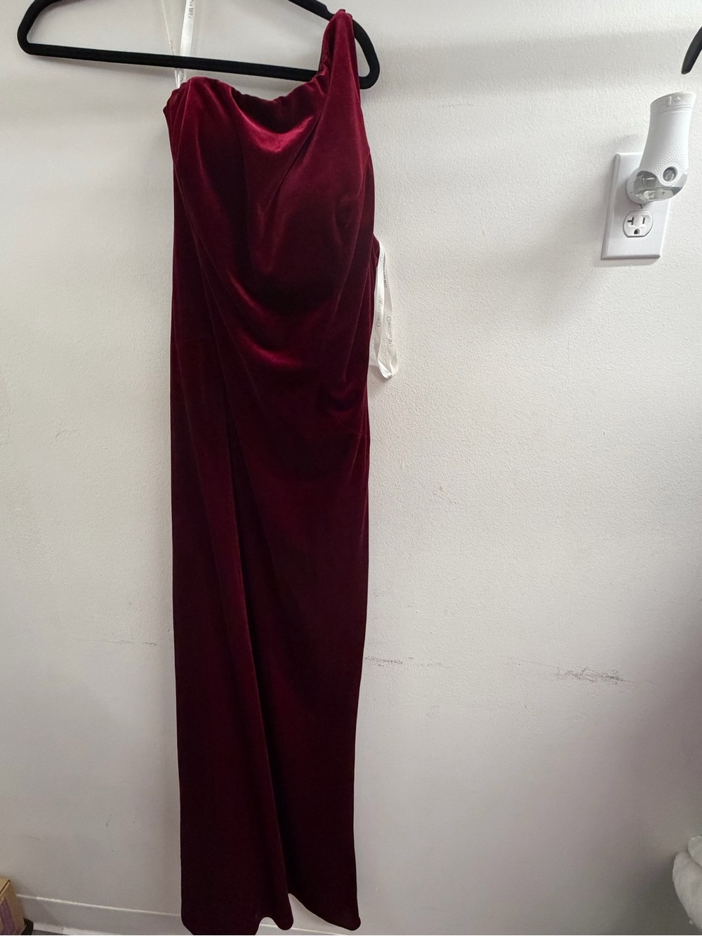 Christina Wu One-Shoulder Velvet Gown in Deep Wine